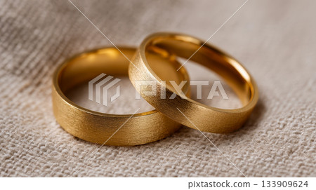 Matte gold wedding rings on soft fabric, elegant minimalist wedding jewelry Matte gold wedding rings on soft fabric, elegant minimalist wedding jewelry 133909624