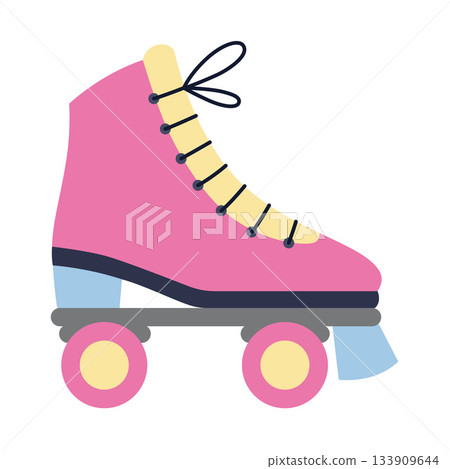 Pink Quad roller skates with colorful wheels, retro summer leisure concept. Modern vector illustration isolated on white background, hand drawn, flat design 133909644