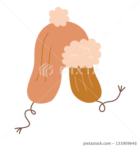 Warm winter hat with pom poms in cozy style. Trendy modern vector illustration isolated on white background, hand drawn, flat design Warm winter hat with pom poms in cozy style. Trendy modern vector illustration isolated on white background, hand drawn, flat design 133909648