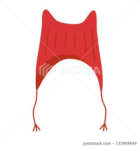 Red winter hat with ear flaps and strings. Trendy modern vector illustration isolated on white background, hand drawn, flat design Red winter hat with ear flaps and strings. Trendy modern vector illustration isolated on white background, hand drawn, flat design 133909649