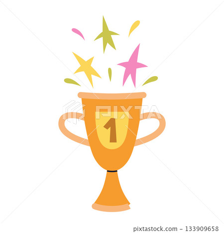 Golden trophy cup with bright confetti and stars. Victory, achievement and success in sports or competition. Trendy modern vector illustration isolated on white background, hand drawn, flat design 133909658