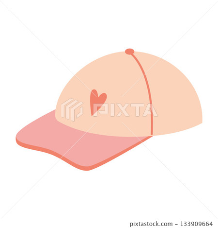 Beige and pink baseball cap with heart print. Stylish sporty accessory for casual looks. Trendy modern vector illustration isolated on white background, hand drawn, flat design 133909664