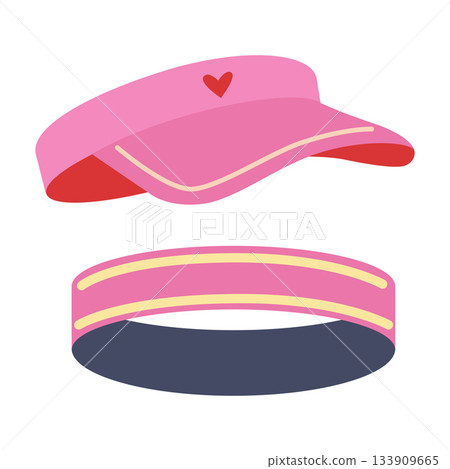 Pink sports visor and elastic headband set for workout, running, and outdoor training. Trendy modern vector illustration isolated on white background, hand drawn, flat design 133909665