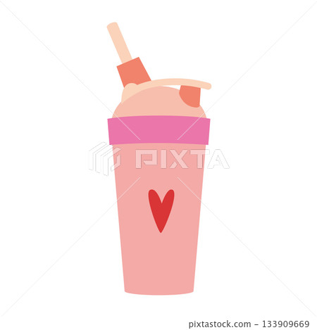 Pink protein shake cup with straw, symbol of healthy nutrition and sport. Trendy modern vector illustration isolated on white background, hand drawn, flat design Pink protein shake cup with straw, symbol of healthy nutrition and sport. Trendy modern vector illustration isolated on white background, hand drawn, flat design 133909669