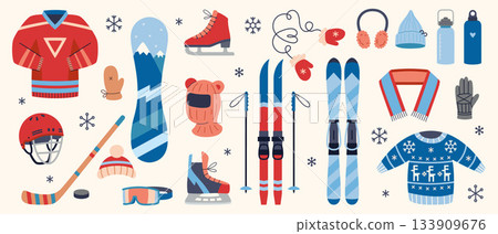 Winter sports equipment set with skis, snowboard, hockey gear, skates and warm clothes. Outdoor activity and recreation concept. Trendy modern vector isolated illustration, hand drawn, flat design Winter sports equipment set with skis, snowboard, hockey gear, skates and warm clothes. Outdoor activity and recreation concept. Trendy modern vector isolated illustration, hand drawn, flat design 133909676