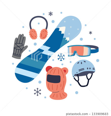 Snowboarding equipment set with board, gloves, helmet, goggles and warm accessories. Winter sport gear. Trendy modern vector illustration isolated on white background, hand drawn, flat design Snowboarding equipment set with board, gloves, helmet, goggles and warm accessories. Winter sport gear. Trendy modern vector illustration isolated on white background, hand drawn, flat design 133909683