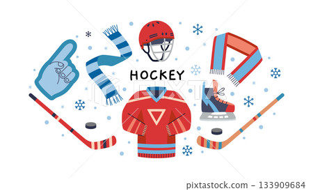 Set of hockey equipment like helmet, jersey, skates, stick and puck. Winter sport and team competition concept. Trendy modern vector illustration isolated on white, hand drawn, flat design Set of hockey equipment like helmet, jersey, skates, stick and puck. Winter sport and team competition concept. Trendy modern vector illustration isolated on white, hand drawn, flat design 133909684