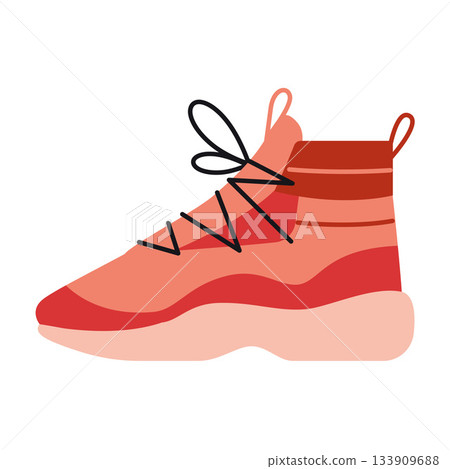 Red basketball shoe with high ankle. Sports footwear and team game concept. Trendy modern vector illustration isolated on white background, hand drawn, flat design Red basketball shoe with high ankle. Sports footwear and team game concept. Trendy modern vector illustration isolated on white background, hand drawn, flat design 133909688