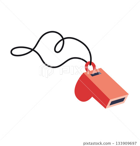 Red referee whistle on cord, symbol of coaching and judging. Trendy modern vector illustration isolated on white background, hand drawn, flat design 133909697