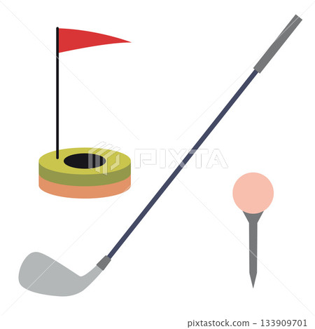 Golf club, ball on a stand and hole with flag, golfing and outdoor sports concept. Trendy modern vector illustration isolated on white background, flat design Golf club, ball on a stand and hole with flag, golfing and outdoor sports concept. Trendy modern vector illustration isolated on white background, flat design 133909701