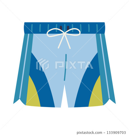 Blue swim trunks for men, designed for swimming, surfing, or summer activities. Trendy modern vector illustration isolated on white background, hand drawn, flat Blue swim trunks for men, designed for swimming, surfing, or summer activities. Trendy modern vector illustration isolated on white background, hand drawn, flat 133909703