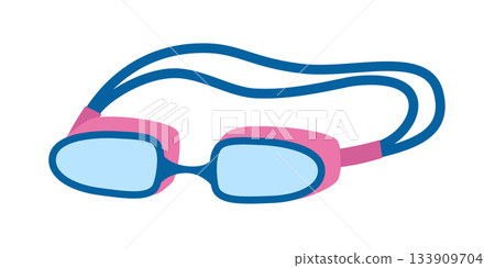 Blue swimming goggles with pink strap, protective gear for water sports and training. Modern vector illustration isolated on white background, hand drawn, flat Blue swimming goggles with pink strap, protective gear for water sports and training. Modern vector illustration isolated on white background, hand drawn, flat 133909704