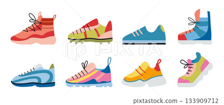 Colorful collection of sport sneakers for running, team sports, training, and casual wear. Trendy modern vector illustration isolated on white background, hand drawn, flat design Colorful collection of sport sneakers for running, team sports, training, and casual wear. Trendy modern vector illustration isolated on white background, hand drawn, flat design 133909712