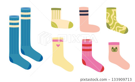 Colorful set of socks in various styles and lengths for cozy or sporty outfits. Trendy modern vector illustration isolated on white background, hand drawn, flat design 133909713