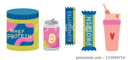 Set of fitness supplements including whey protein, protein bar, electrolyte drink, and shaker bottle. Trendy modern vector illustration isolated on white background, hand drawn, flat design 133909714