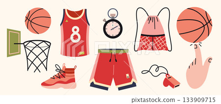 Basketball themed set with jersey, shorts, sneakers, stopwatch, hoop and ball. Trendy modern vector illustration isolated on  background, hand drawn, flat design 133909715