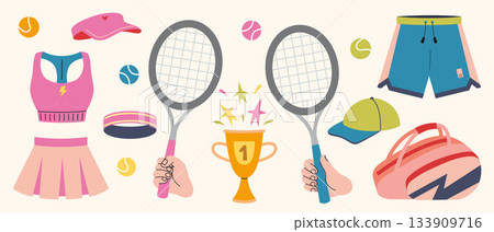 Tennis equipment collection with rackets, clothing, cap, trophy, and tennis balls. Trendy modern vector illustration isolated on background, hand drawn, flat design 133909716