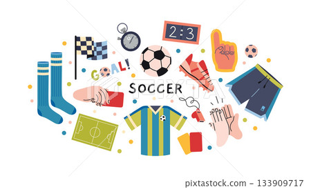 Round composition with soccer and football accessories including jersey, shoes, gloves, scoreboard, and field. Trendy modern vector illustration isolated on white background, hand drawn, flat design 133909717