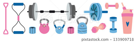 Fitness gear set with dumbbells, kettlebells, barbell, resistance bands and shaker bottle. Trendy modern vector illustration isolated on white background, hand drawn, flat design Fitness gear set with dumbbells, kettlebells, barbell, resistance bands and shaker bottle. Trendy modern vector illustration isolated on white background, hand drawn, flat design 133909718