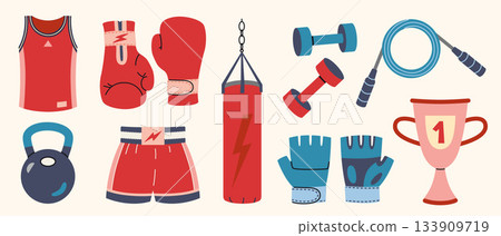 Boxing gear collection with gloves, punching bag, shorts, dumbbells, rope and trophy. Trendy modern vector illustration isolated on white background, hand drawn, flat design Boxing gear collection with gloves, punching bag, shorts, dumbbells, rope and trophy. Trendy modern vector illustration isolated on white background, hand drawn, flat design 133909719