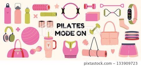 Set of accessories for pilates and home workout. Fitness, stretching and healthy lifestyle concept. Trendy modern vector illustration isolated on background, hand drawn, flat design 133909723