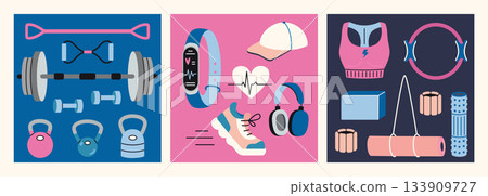 Equipment for strength training, running, and Pilates. Active lifestyle concept. Trendy modern vector illustration, hand drawn, flat design Equipment for strength training, running, and Pilates. Active lifestyle concept. Trendy modern vector illustration, hand drawn, flat design 133909727