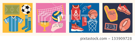 Bright Team sports elements for soccer, volleyball, basketball and football. Trendy modern vector illustration, hand drawn, flat design 133909728