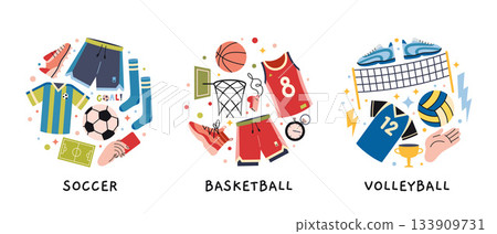 Circular sport games compositions. Soccer, basketball, and volleyball with gear and athletic elements. Trendy vector illustration isolated on white, hand drawn, flat design 133909731