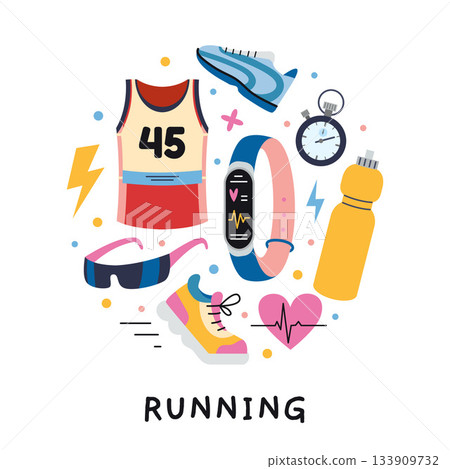 A circular composition with running concept. Shoes, jersey, water bottle, stopwatch and accessories for cardio training. Trendy vector illustration isolated on white, hand drawn, flat design A circular composition with running concept. Shoes, jersey, water bottle, stopwatch and accessories for cardio training. Trendy vector illustration isolated on white, hand drawn, flat design 133909732