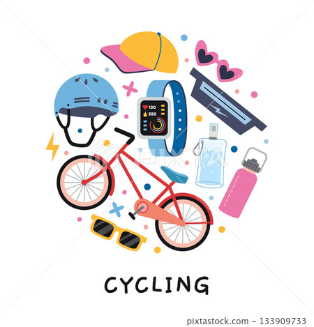 A circular composition with cycling concept. Bicycle, helmet, bottle, glasses, and other for training and travel. Trendy vector illustration isolated on white, hand drawn, flat design A circular composition with cycling concept. Bicycle, helmet, bottle, glasses, and other for training and travel. Trendy vector illustration isolated on white, hand drawn, flat design 133909733
