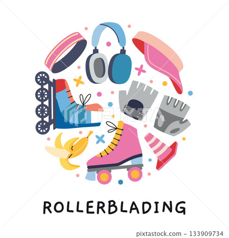 A circular composition with rollerblading concept. Skates, gloves, and other. Trendy vector illustration isolated on white, hand drawn, flat design A circular composition with rollerblading concept. Skates, gloves, and other. Trendy vector illustration isolated on white, hand drawn, flat design 133909734