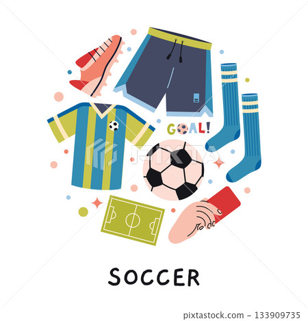A circular composition with soccer concept. Ball, cleats, jersey, cards, and accessories for team game. Trendy vector illustration isolated on white, hand drawn, flat design A circular composition with soccer concept. Ball, cleats, jersey, cards, and accessories for team game. Trendy vector illustration isolated on white, hand drawn, flat design 133909735