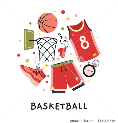 A circular composition with basketball concept. Ball, jerseys, shoes, hoop, whistle and accessories for team game. Trendy vector illustration isolated on white, hand drawn, flat design A circular composition with basketball concept. Ball, jerseys, shoes, hoop, whistle and accessories for team game. Trendy vector illustration isolated on white, hand drawn, flat design 133909736