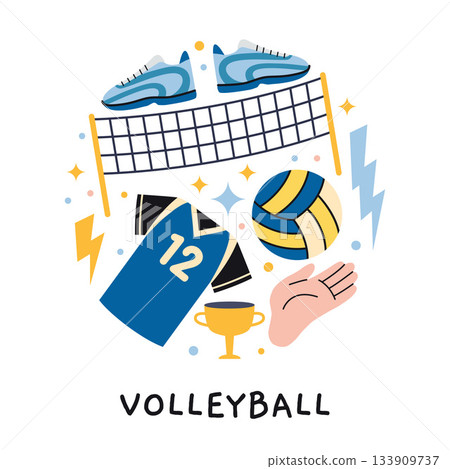A circular composition with volleyball concept. Ball, net, uniform, and various sport accessories for team game. Trendy vector illustration isolated on white, hand drawn, flat design A circular composition with volleyball concept. Ball, net, uniform, and various sport accessories for team game. Trendy vector illustration isolated on white, hand drawn, flat design 133909737