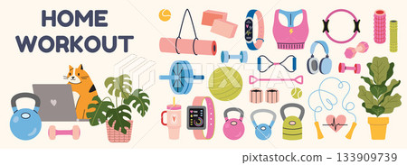 Home workout equipment set, fitness accessories and active lifestyle items for indoor training and daily exercise. Trendy modern vector illustration isolated on white, hand drawn, flat design. Home workout equipment set, fitness accessories and active lifestyle items for indoor training and daily exercise. Trendy modern vector illustration isolated on white, hand drawn, flat design. 133909739