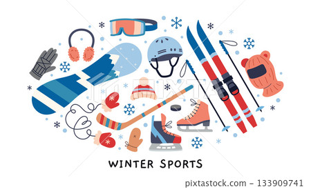 Winter sports equipment and accessories. Skiing, snowboarding, skating and cold weather gear concept. Trendy modern vector illustration isolated on white background, hand drawn, flat design 133909741