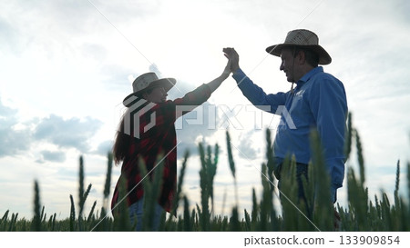 Happy farmers giving high five in wheat field, Morning sunlight shines through clouds, Joyful teamwork in agriculture, Harvest season celebration, Family working together outdoors, Nature and farming Happy farmers giving high five in wheat field, Morning sunlight shines through clouds, Joyful teamwork in agriculture, Harvest season celebration, Family working together outdoors, Nature and farming 133909854