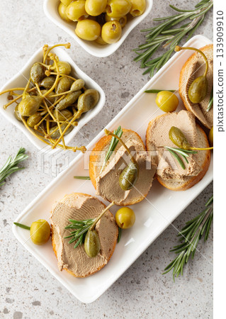 Sandwiches with homemade liver pate. 133909910