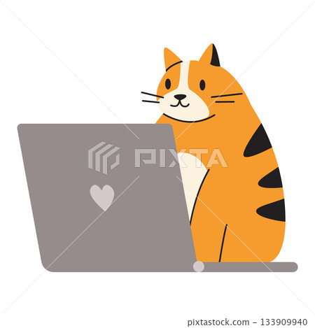 Cute orange cat and a laptop, concept of remote work and online classes from home. Trendy modern vector illustration isolated on white, hand drawn, flat design 133909940