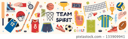 Team games sports equipment and clothing. Soccer, basketball, baseball, volleyball, hockey and rugby gear. Trendy modern isolated vector illustration, hand drawn, flat design 133909941