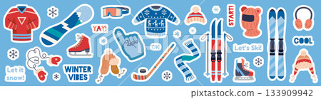Winter sports and clothing set in sticker style. Skiing, snowboarding and skating. Cold season gear concept. Die cut with white outline. Trendy modern flat vector illustration 133909942