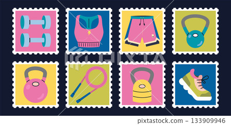 Collection of postage stamps with sports clothing, equipment and athletic icons. Trendy modern vector illustration, hand drawn, flat design Collection of postage stamps with sports clothing, equipment and athletic icons. Trendy modern vector illustration, hand drawn, flat design 133909946