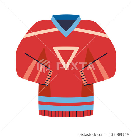 Red hockey jersey with geometric pattern, warm sports uniform for winter games. Trendy modern vector illustration isolated on white background, hand drawn, flat design Red hockey jersey with geometric pattern, warm sports uniform for winter games. Trendy modern vector illustration isolated on white background, hand drawn, flat design 133909949