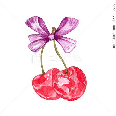 Hand drawn watercolor painting cherry with pink ribbon bow, on white background. Summer illustration of berries Hand drawn watercolor painting cherry with pink ribbon bow, on white background. Summer illustration of berries 133909999
