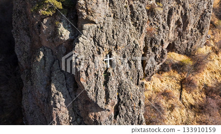 aerial view of cave cross near oGeghard Monastery 133910159
