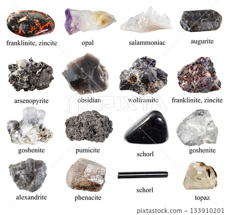 black and gray natural mineral with names cutout black and gray natural mineral with names cutout 133910201