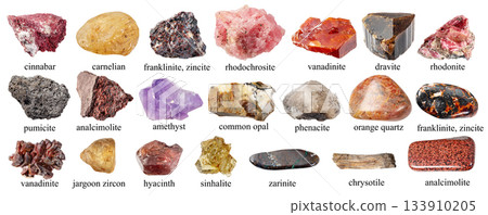 pink and brown natural minerals with names cutout 133910205