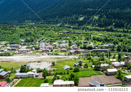 above view of houses and gardens in Mestia townlet above view of houses and gardens in Mestia townlet 133910223