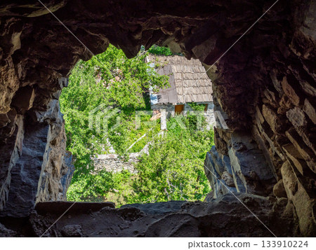 above view of green garden in Mestia townlet above view of green garden in Mestia townlet 133910224