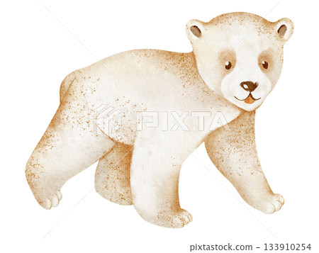 Baby polar bear walking, isolated on white background. Watercolor illustration of ursus maritimus. Hand drawn animal sketch for art, children, nature, winter, arctic. 133910254
